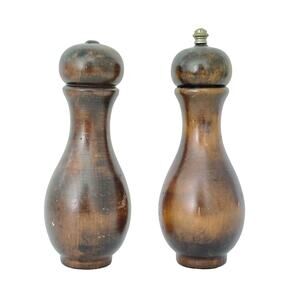 Vintage Wooden Salt Shaker & Pepper Grinder Bowling Pin Shape 7" Retro Kitchen